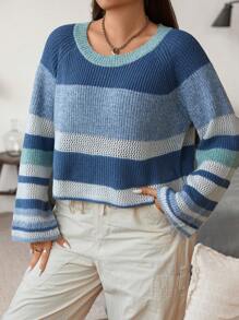Flirla Plus Colorblock Raglan Sleeve Sweater - Blue - View 6