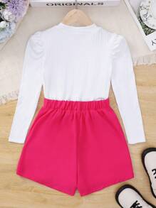 SHEIN Tween Girls Puff Sleeve Tee & Bow Front Skort