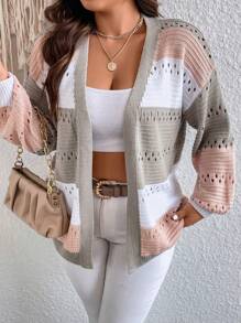 Calvaya Plus Color Block Drop Shoulder Pointelle Knit Duster Cardigan