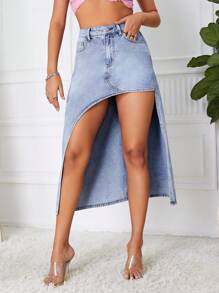 SHEIN ICON 高腰不對稱下擺牛仔裙 - 中等水洗藍 - 查看 6