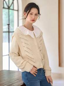 DAZY Dệt kim chấm bi Nút phía trước Áo len Mở - Màu be - Xem 7