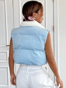 SHEIN EZwear Bear Print Zip Up Crop Vest Padded Coat - Blue - View 2