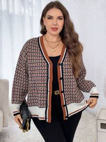 SHEIN LUNE Plus Size Houndstooth Pattern Cardigan Fall Winter Cloth For Women Autumn - Multicolor - View 5