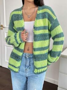 SHEIN Qutie Striped Pattern Drop Shoulder Cardigan - Multicolor - View 1