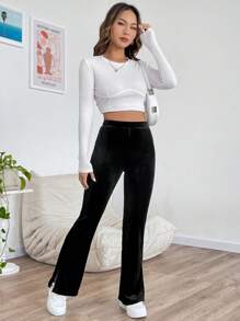 SHEIN EZwear Viền chia cắt Quần ống loe - màu đen - Xem 3