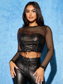 SHEIN PETITE Top con cordón delantero crop de malla - Negro - Ver 1