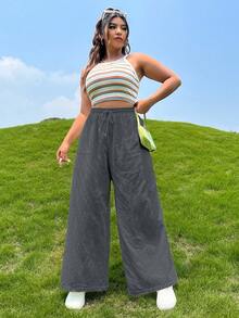 SHEIN EZwear 大碼腰部抽繩闊腿褲 - 灰色 - 查看 4