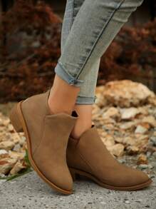 女性時尚尖頭粗跟美式短靴帶後拉鍊,一腳蹬風格 - 卡其色 - 查看 3