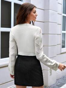 SHEIN Unity Solid Butterfly Appliques Pointelle Knit Pullover Fall Winter Sweater - White - View 2