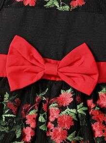 SHEIN 女嬰花卉刺繡網紗覆蓋前蝴蝶結洋裝 - 彩色 - 查看 3