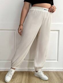 Calvaya Hơn Chi tiết Patched thư Eo đàn hồi Quần thể thao - Màu be - Xem 4