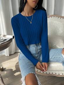SHEIN EZwear Camiseta crop unicolor tejido de canalé - azul real - Ver 6