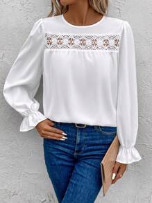SHEIN Unity 水溶蕾絲拼接喇叭袖襯衫 - 白色 - 查看 5