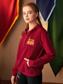 HARRY POTTER X SHEIN Đồ họa Chữ cái Một nửa khóa kéo Áo nỉ thể thao - Đỏ - Xem 5