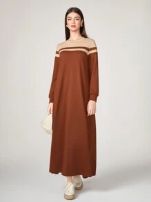 Graceveil Striped Print Tee Modest Long Sleeve Dress - Rust Brown - View 4