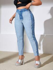 SHEIN ICON 大碼高腰毛邊緣緊身牛仔褲 - 藍色 - 查看 5