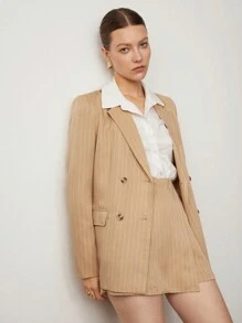 BizChic Lapel Neck Double Breasted Blazer & Skort - Khaki - View 7