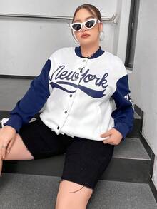 Flirla 大碼字母圖案撞色落肩袖飛行員夾克 - 彩色 - 查看 6