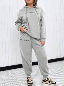 Flirla 大碼字母圖案落肩袖抽繩連帽衫和運動褲 - 淺灰色 - 查看 6