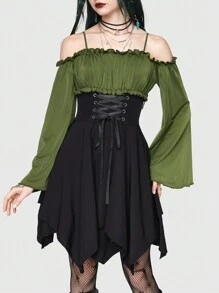 ROMWE Fairycore 拼色繫帶露肩手帕下擺洋裝 - 彩色 - 查看 2