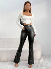 SHEIN PETITE High Waist PU Leather Flare Leg Pants - Black - View 5