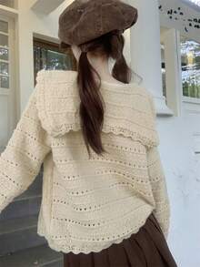 纯色水手领纽扣开衫、长袖上衣 - 杏色 - 查看 2