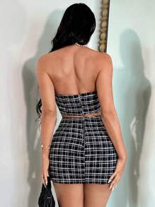 SHEIN SXY Plaid Print Tube Top & Bodycon Skirt - Black - View 2