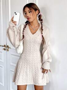 SHEIN EZwear 秋冬麻花针织灯笼袖毛衣裙