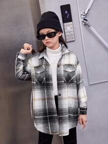 SHEIN Tween Girl Plaid Print Drop Shoulder Flap Pocket Belted Shirt Dress