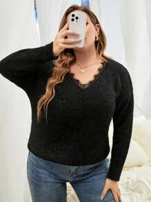 EMERY ROSE 大碼睫毛蕾絲邊落肩袖套頭毛衣 - 黑色 - 查看 3