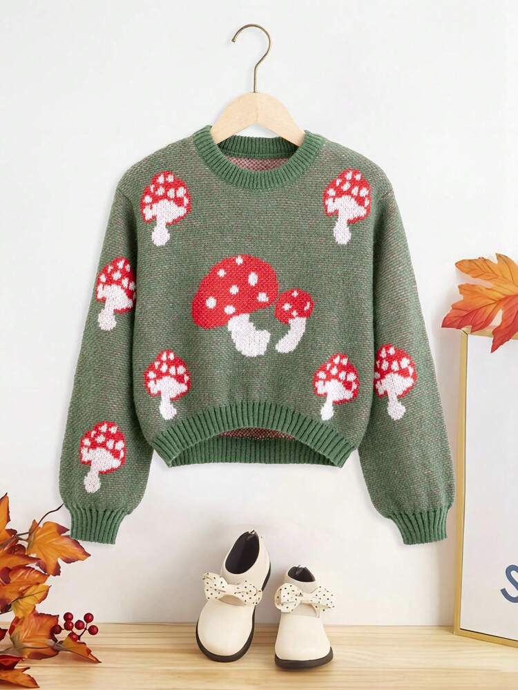 Tween Girl Mushroom Pattern Lantern Sleeve Sweater