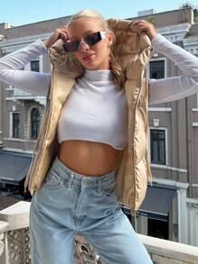 EURMUSE Zip Up Drawstring Hooded Puffer Vest Coat - Beige - View 5