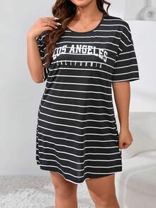 條紋&字母圖案落肩睡裙 - 黑與白 - 查看 4