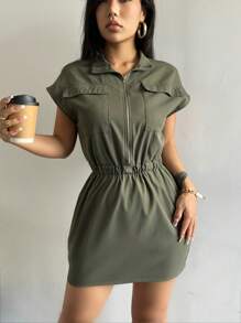 SHEIN Unity Flap Pocket Batwing Sleeve Dress - Army Green - View 1
