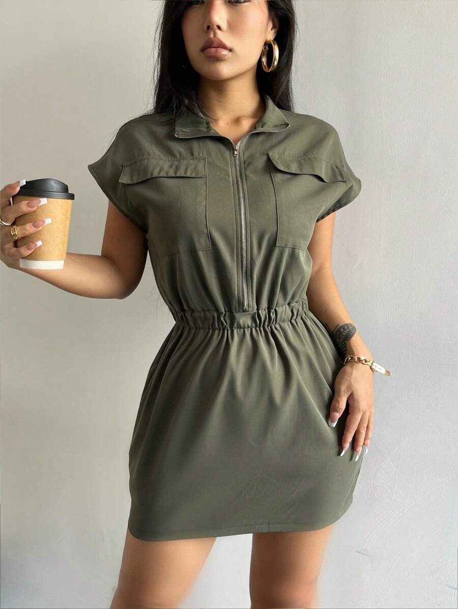 SHEIN Unity Flap Pocket Batwing Sleeve Dress - Army Green - View 1