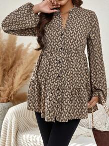 SHEIN 孕婦滿版印花燈籠袖荷葉邊襯衫 - 黑色 - 查看 4