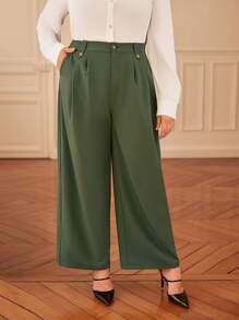 SHEIN Frenchy Plus Solid Slant Pocket Wide Leg Pants - Army Green - View 6