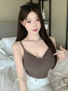 DAZY Chất rắn Xù Cami ngọn - màu nâu - Xem 5