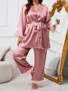 Plus Fuzzy Trim Belted Satin Robe & Pants PJ Set / Pajama Set - Dusty Pink - View 2
