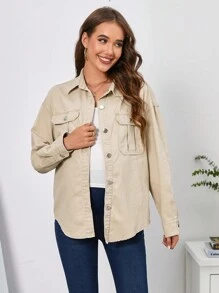 SHEIN Maternity Drop Shoulder Flap Pocket Button Front Denim Coat - Beige - View 1