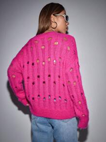 SHEIN Unity Open Knit Drop Shoulder Sweater Knit Pullover Fall Winter Outfit - Hot Pink - View 2