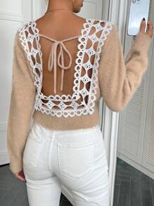 SHEIN Unity Áo len chui đầu không lưng, phối ren Guipure, kiểu dáng thu đông. - Màu be - Xem 2