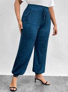 EMERY ROSE Plus Leopard Print Knot Waist Pants - Teal Blue - View 5