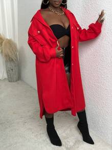 Slaydiva 有蓋口袋落肩大衣 - 紅色 - 查看 5