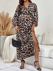 SHEIN Thai sản In hoa Báo Tay áo lồng đèn Top Cây trồng & Vòng eo có thể điều chỉnh Tách đùi Váy - Màu Khaki - Xem 6