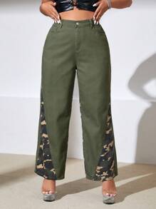 SHEIN ICON Plus Camo Print Wide Leg Jeans - Army Green - View 3