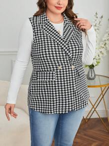 SHEIN Privé Plus Houndstooth Print Double Breasted Vest Blazer - Black - View 6