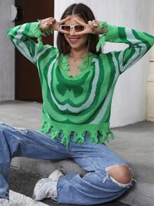 SHEIN Unity 蝴蝶图案做旧滚边落肩针织套头衫秋冬毛衣 - 綠色 - 查看 1