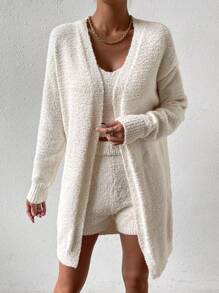 Calvaya Solid Cami Knit Top & Knit Shorts & Drop Shoulder Cardigan