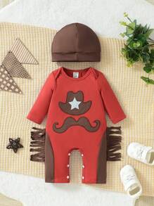 SHEIN 男嬰卡通刺繡流蘇邊連身褲和帽